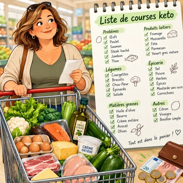 femme qui fait des courses keto 1 Courses keto avec des aliments simples et peu transformés